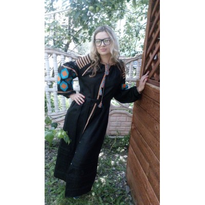 Boho Style Ukrainian Embroidered Maxi Narrow Dress Black with Orange/Turqoise Embroidery